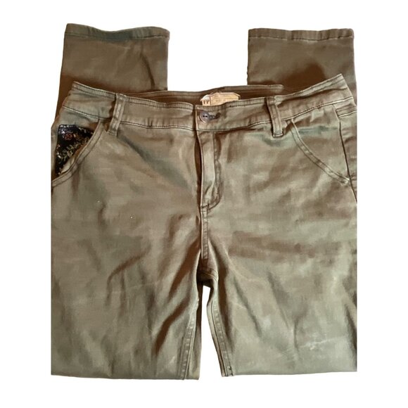 Free People Womens Size 12‎ Olive Green Floral Patchwork Skinny Ankle Jeans - Picture 1 of 6